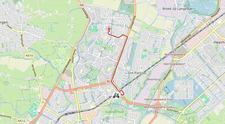 Kaart van de omgeving van de melding, met de kazerne die is gealarmeerd