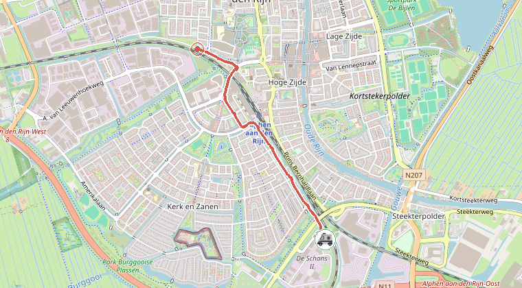 Kaart van de omgeving van de melding, met de kazerne die is gealarmeerd