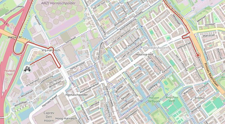 Kaart van de omgeving van de melding, met de kazerne die is gealarmeerd