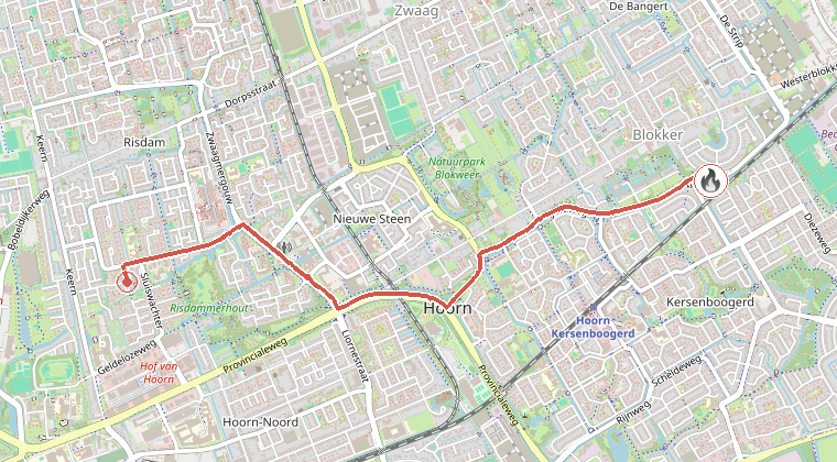 Kaart van de omgeving van de melding, met de kazerne die is gealarmeerd