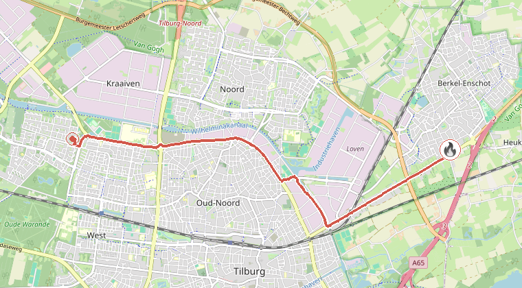 Kaart van de omgeving van de melding, met de kazerne die is gealarmeerd
