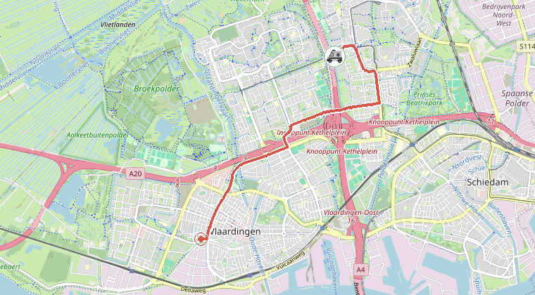 Kaart van de omgeving van de melding, met de kazerne die is gealarmeerd
