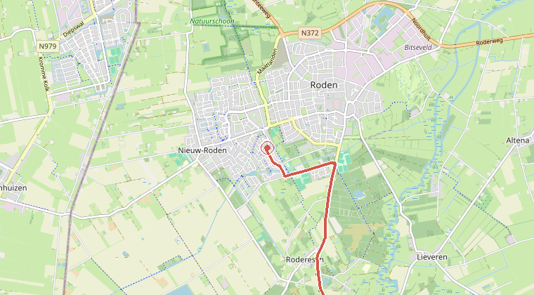 Kaart van de omgeving van de melding, met de kazerne die is gealarmeerd