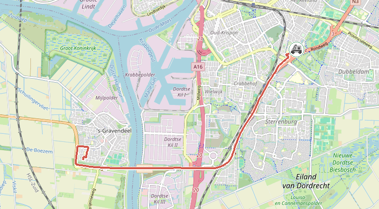 Kaart van de omgeving van de melding, met de kazerne die is gealarmeerd