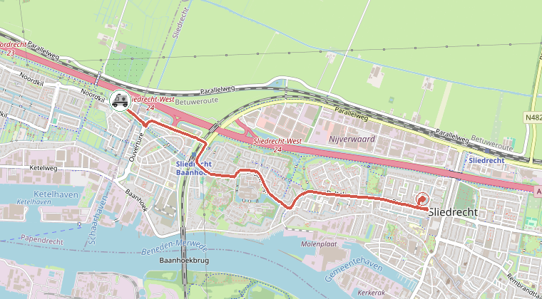 Kaart van de omgeving van de melding, met de kazerne die is gealarmeerd