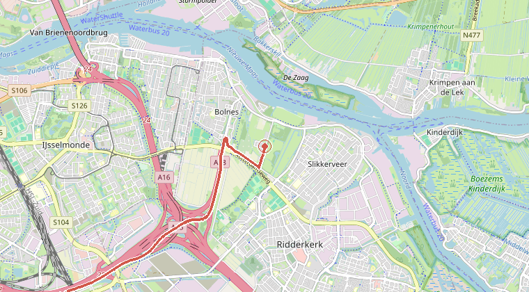 Kaart van de omgeving van de melding, met de kazerne die is gealarmeerd