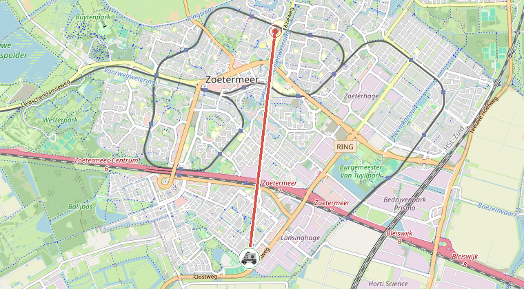 Kaart van de omgeving van de melding, met de kazerne die is gealarmeerd