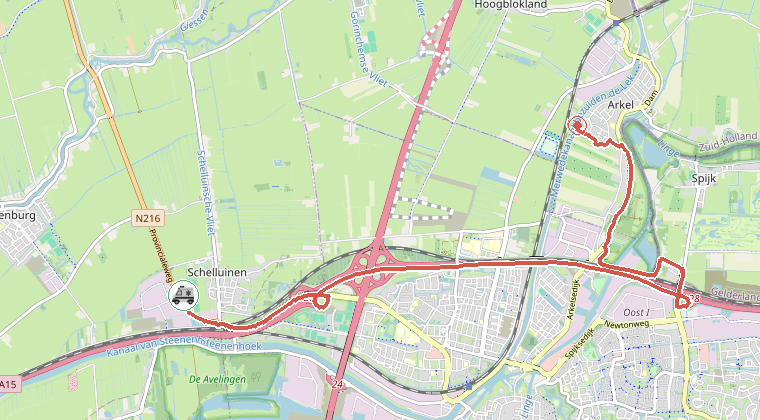Kaart van de omgeving van de melding, met de kazerne die is gealarmeerd