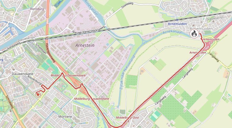 Kaart van de omgeving van de melding, met de kazerne die is gealarmeerd