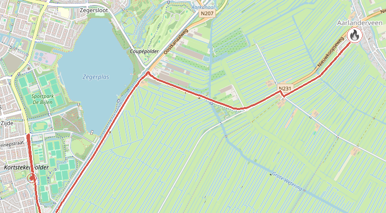 Kaart van de omgeving van de melding, met de kazerne die is gealarmeerd