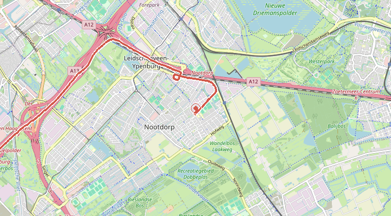 Kaart van de omgeving van de melding, met de kazerne die is gealarmeerd