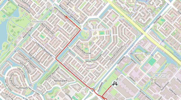 Kaart van de omgeving van de melding, met de kazerne die is gealarmeerd