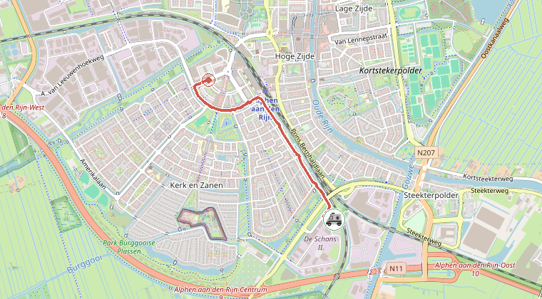 Kaart van de omgeving van de melding, met de kazerne die is gealarmeerd