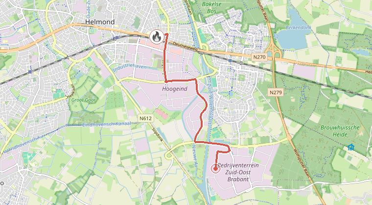 Kaart van de omgeving van de melding, met de kazerne die is gealarmeerd