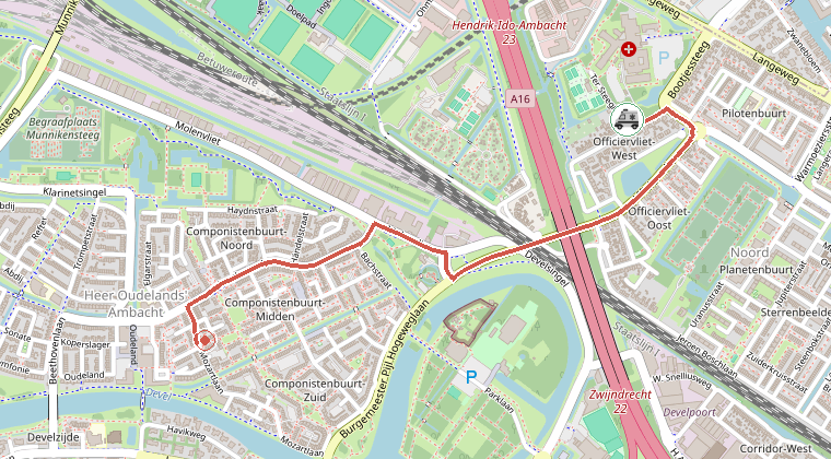 Kaart van de omgeving van de melding, met de kazerne die is gealarmeerd