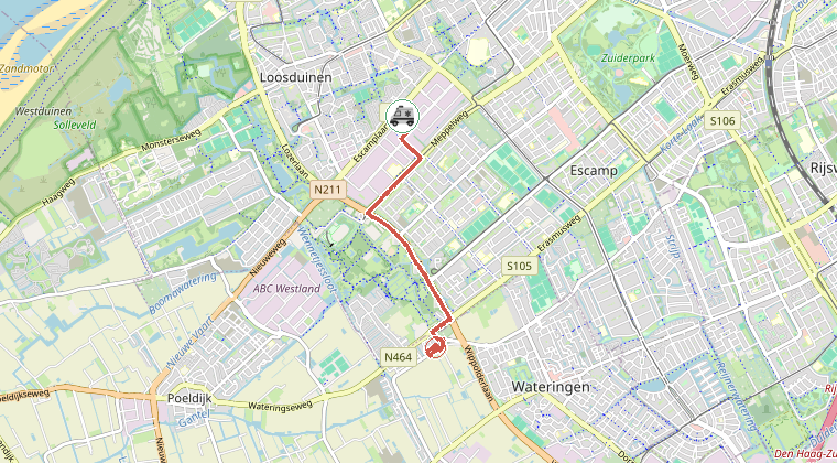 Kaart van de omgeving van de melding, met de kazerne die is gealarmeerd