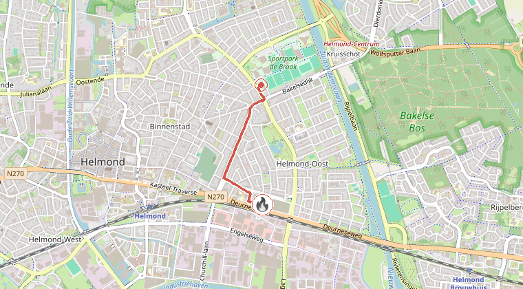 Kaart van de omgeving van de melding, met de kazerne die is gealarmeerd