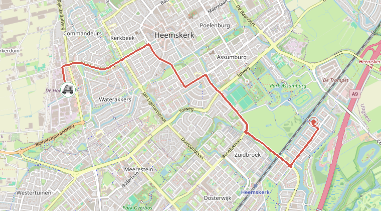 Kaart van de omgeving van de melding, met de kazerne die is gealarmeerd