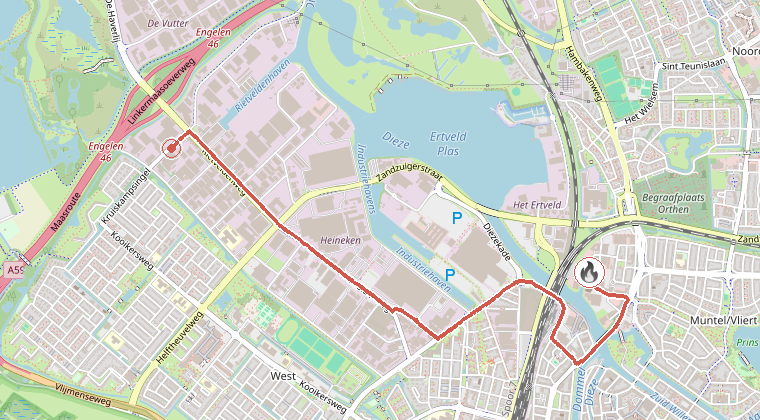 Kaart van de omgeving van de melding, met de kazerne die is gealarmeerd