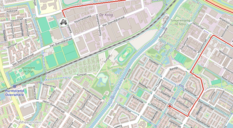 Kaart van de omgeving van de melding, met de kazerne die is gealarmeerd