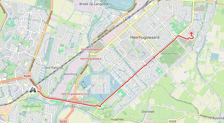 Kaart van de omgeving van de melding, met de kazerne die is gealarmeerd