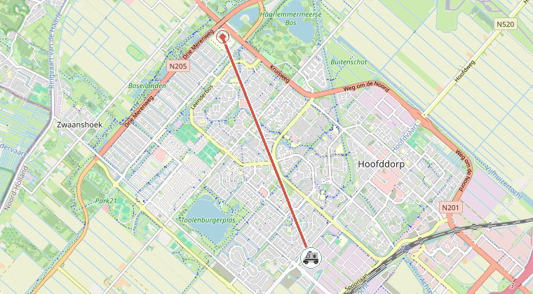 Kaart van de omgeving van de melding, met de kazerne die is gealarmeerd