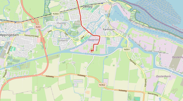 Kaart van de omgeving van de melding, met de kazerne die is gealarmeerd