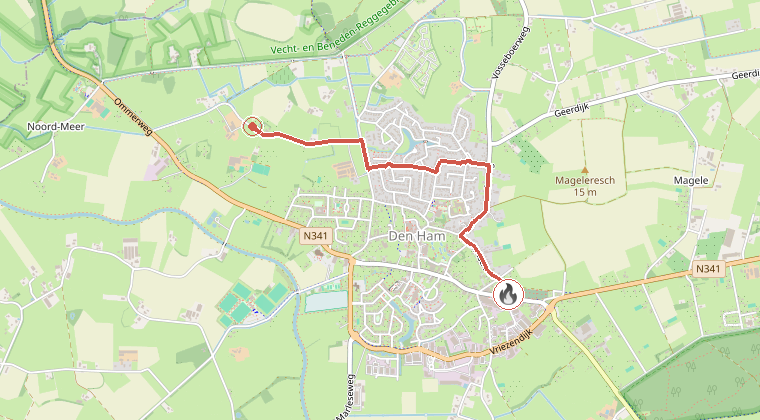 Kaart van de omgeving van de melding, met de kazerne die is gealarmeerd