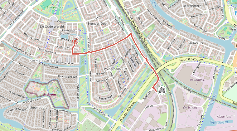 Kaart van de omgeving van de melding, met de kazerne die is gealarmeerd