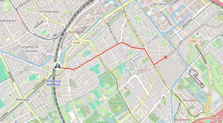 Kaart van de omgeving van de melding, met de kazerne die is gealarmeerd