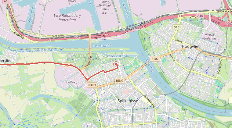 Kaart van de omgeving van de melding, met de kazerne die is gealarmeerd