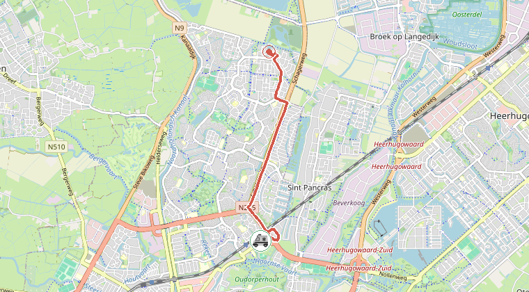 Kaart van de omgeving van de melding, met de kazerne die is gealarmeerd