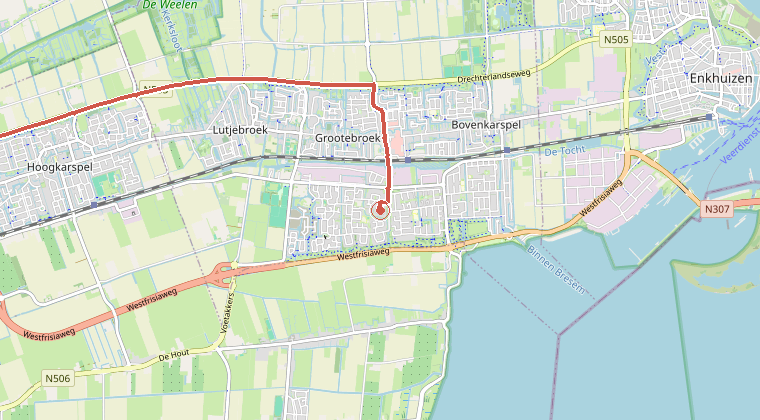 Kaart van de omgeving van de melding, met de kazerne die is gealarmeerd