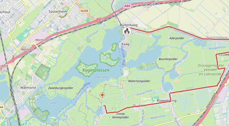Kaart van de omgeving van de melding, met de kazerne die is gealarmeerd