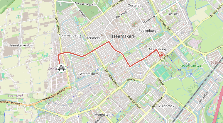 Kaart van de omgeving van de melding, met de kazerne die is gealarmeerd
