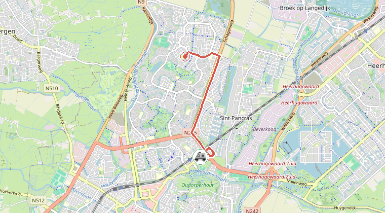 Kaart van de omgeving van de melding, met de kazerne die is gealarmeerd