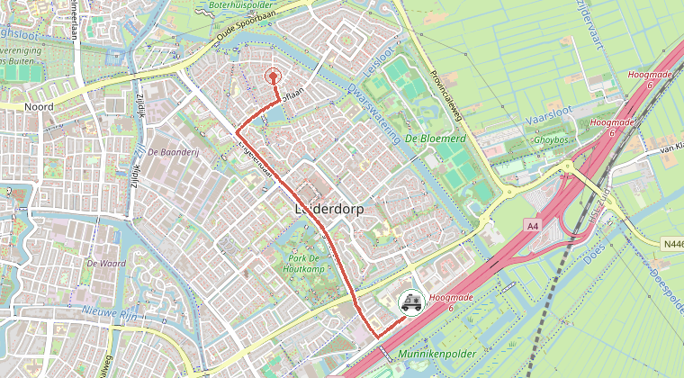 Kaart van de omgeving van de melding, met de kazerne die is gealarmeerd