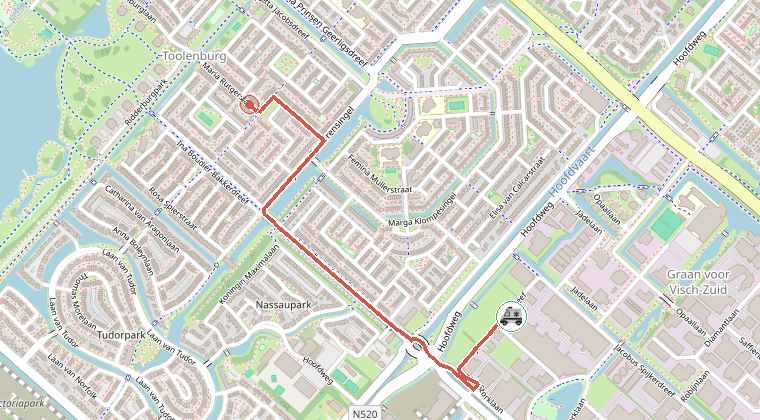 Kaart van de omgeving van de melding, met de kazerne die is gealarmeerd