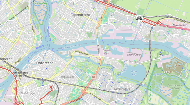 Kaart van de omgeving van de melding, met de kazerne die is gealarmeerd