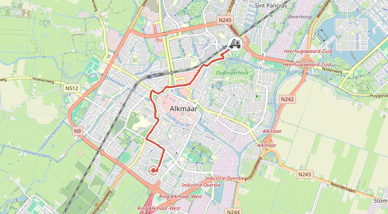 Kaart van de omgeving van de melding, met de kazerne die is gealarmeerd