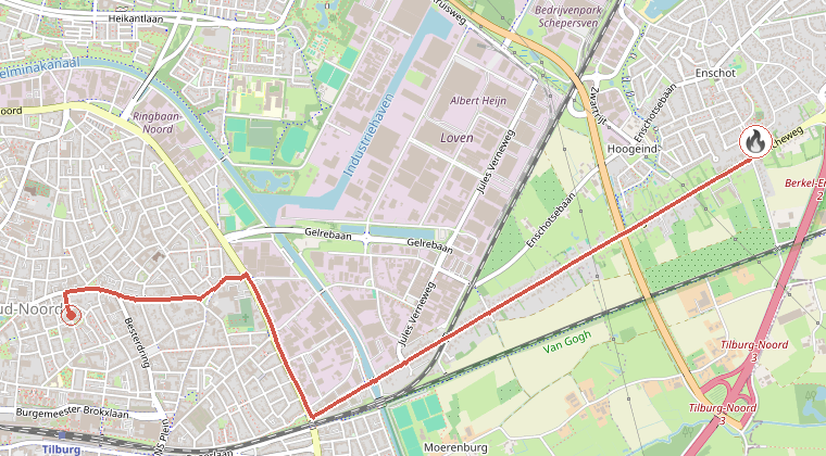 Kaart van de omgeving van de melding, met de kazerne die is gealarmeerd