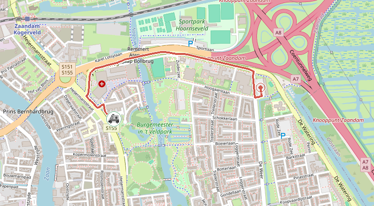 Kaart van de omgeving van de melding, met de kazerne die is gealarmeerd