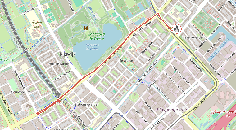 Kaart van de omgeving van de melding, met de kazerne die is gealarmeerd