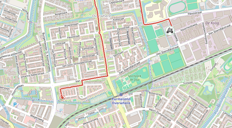 Kaart van de omgeving van de melding, met de kazerne die is gealarmeerd