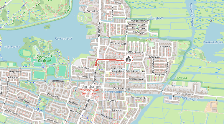 Kaart van de omgeving van de melding, met de kazerne die is gealarmeerd