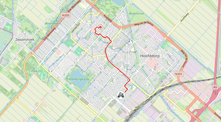 Kaart van de omgeving van de melding, met de kazerne die is gealarmeerd