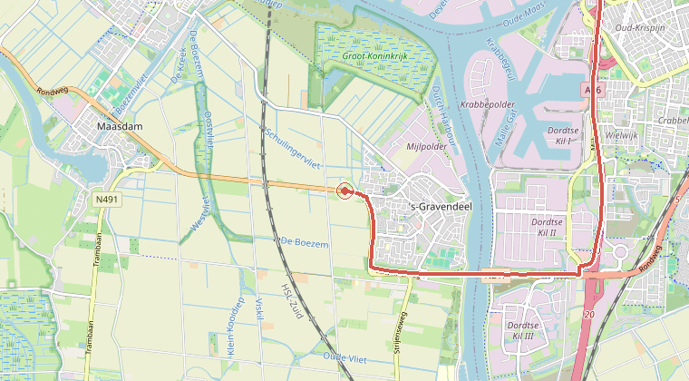 Kaart van de omgeving van de melding, met de kazerne die is gealarmeerd