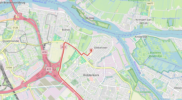 Kaart van de omgeving van de melding, met de kazerne die is gealarmeerd