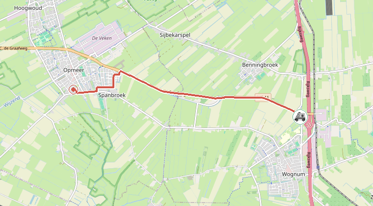 Kaart van de omgeving van de melding, met de kazerne die is gealarmeerd