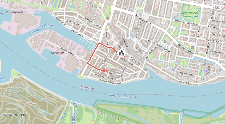 Kaart van de omgeving van de melding, met de kazerne die is gealarmeerd
